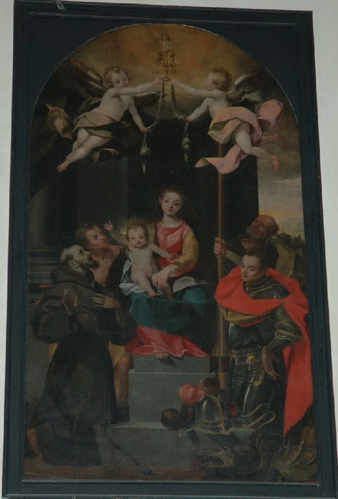 Dipinto con la Madonna e Gesù Bambino tra santi